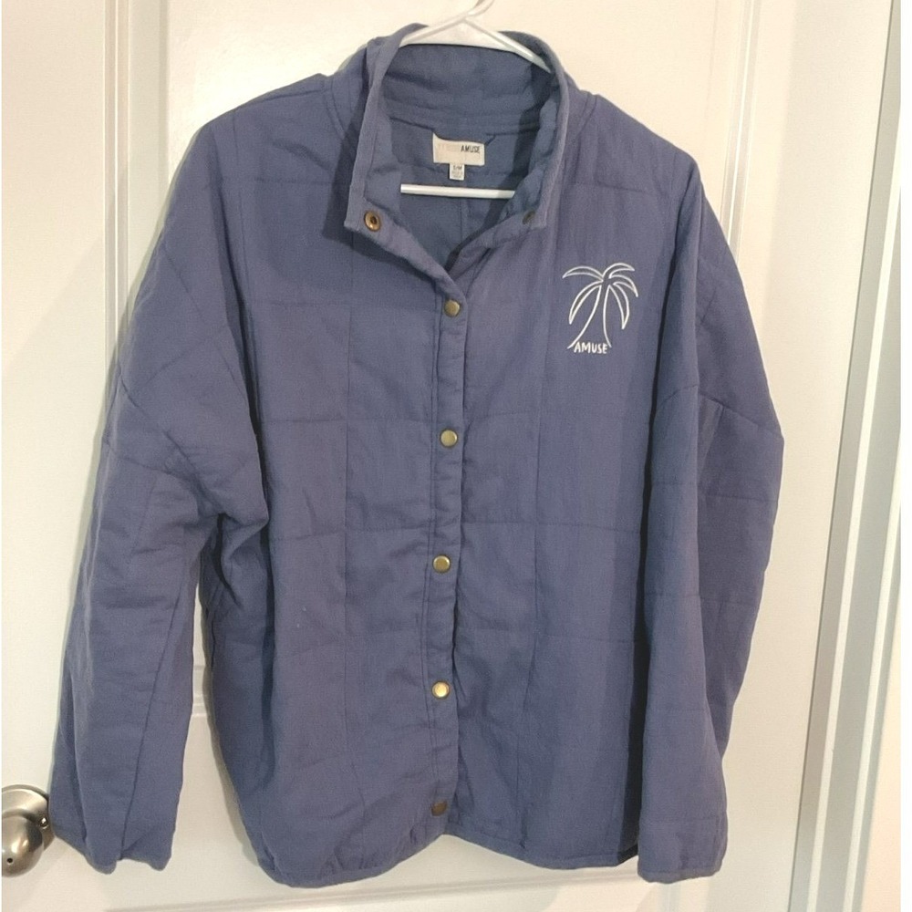 Amuse Society Women Blue Quilted Puffer Jacket Palm Tree Snap Front Size S/M